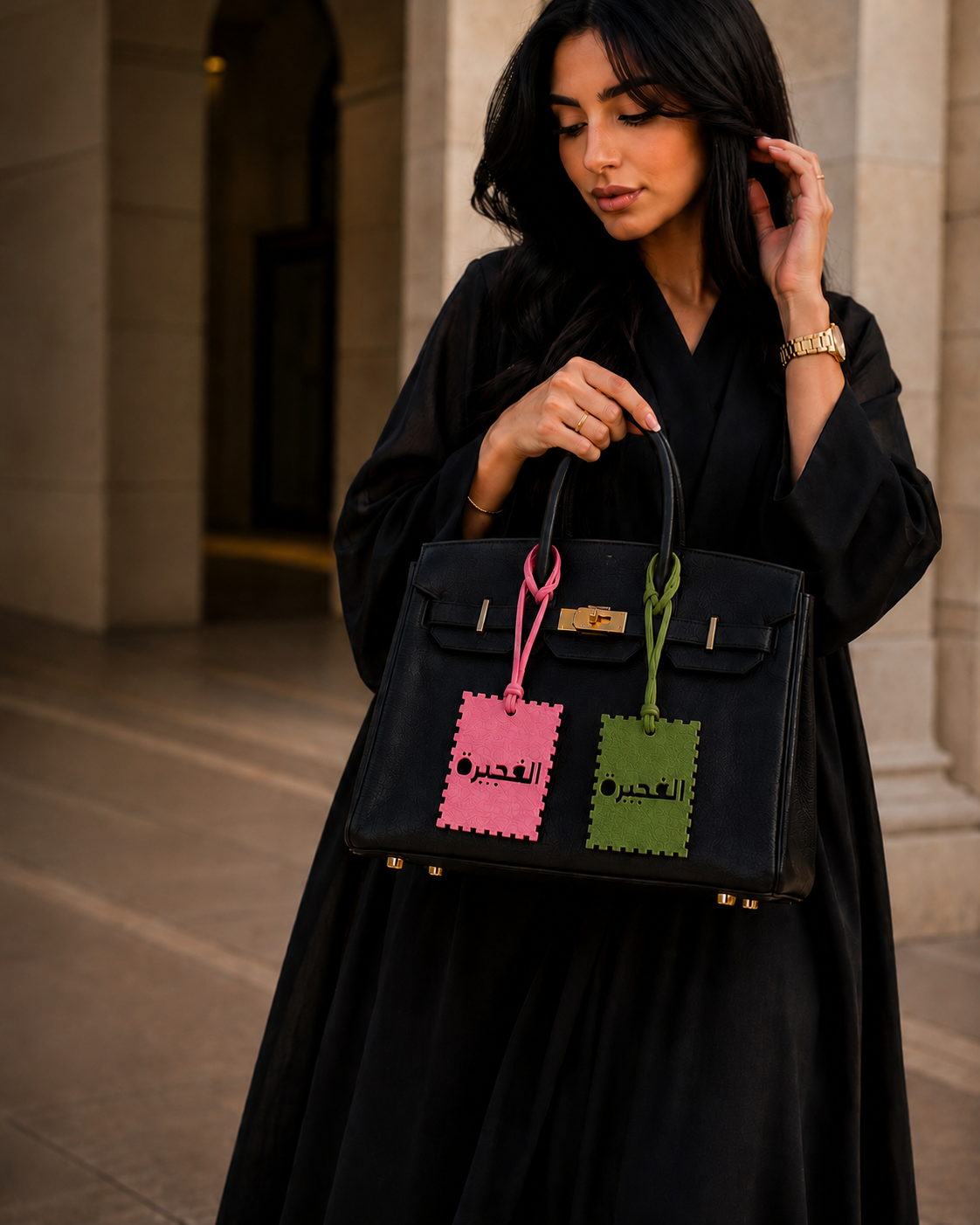 2er Set Leder-Taschenanhänger | Al Fujairah Grün X Pink